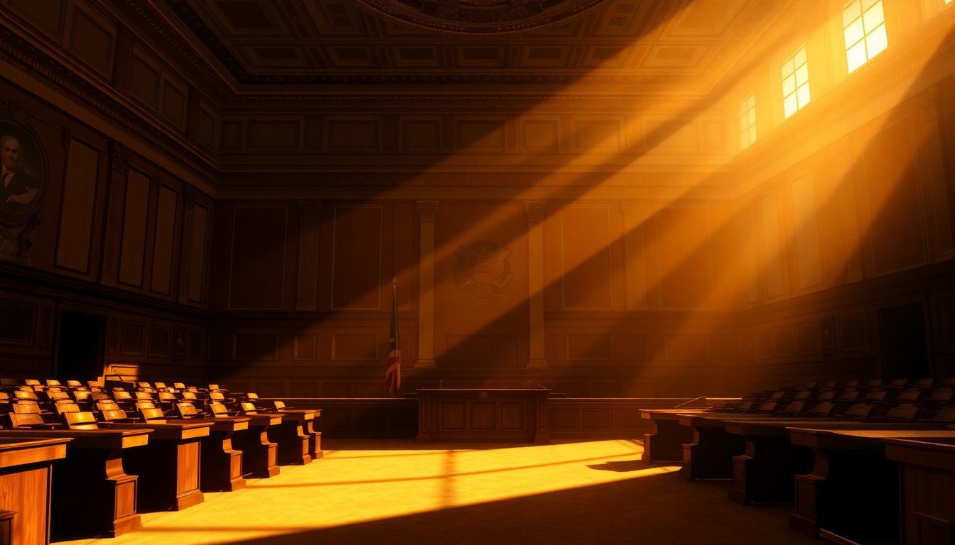 A dimly lit government meeting room with empty chairs and a lone podium, the space bathed in warm, dramatic lighting that casts long shadows, conveying a sense of political unease and uncertainty.