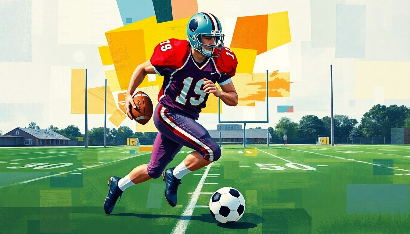 A fragmented, geometric painting depicting a football player in motion, with the field, ball, and goal posts broken down into sharp, overlapping planes of color, conveying the raw energy and decision-making of a top recruit.