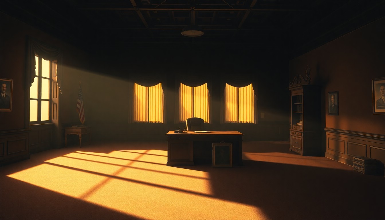 A softly lit, cinematic painting of a solitary politician's desk in an empty government office, with warm sunlight streaming in through a window and deep shadows covering much of the scene, conveying a sense of quiet contemplation around the political implications of gambling industry donations.
