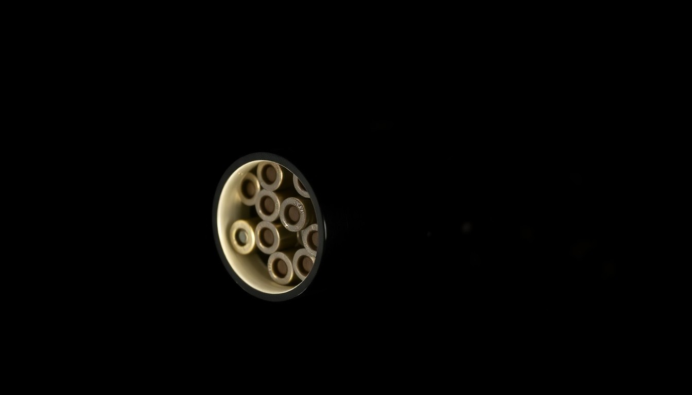 An extreme close-up photograph of a loaded gun cylinder, capturing the stark, gritty details of the crime-related evidence in a dramatic, investigative style.