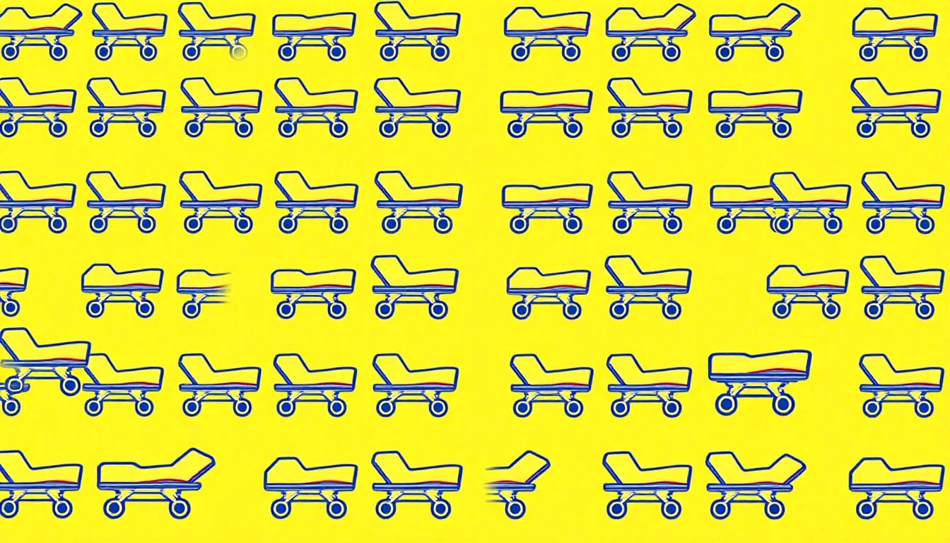 A vibrant, high-contrast silkscreen print of a hospital bed icon repeated in a grid, conceptually representing the overuse of emergency services for non-emergency situations.