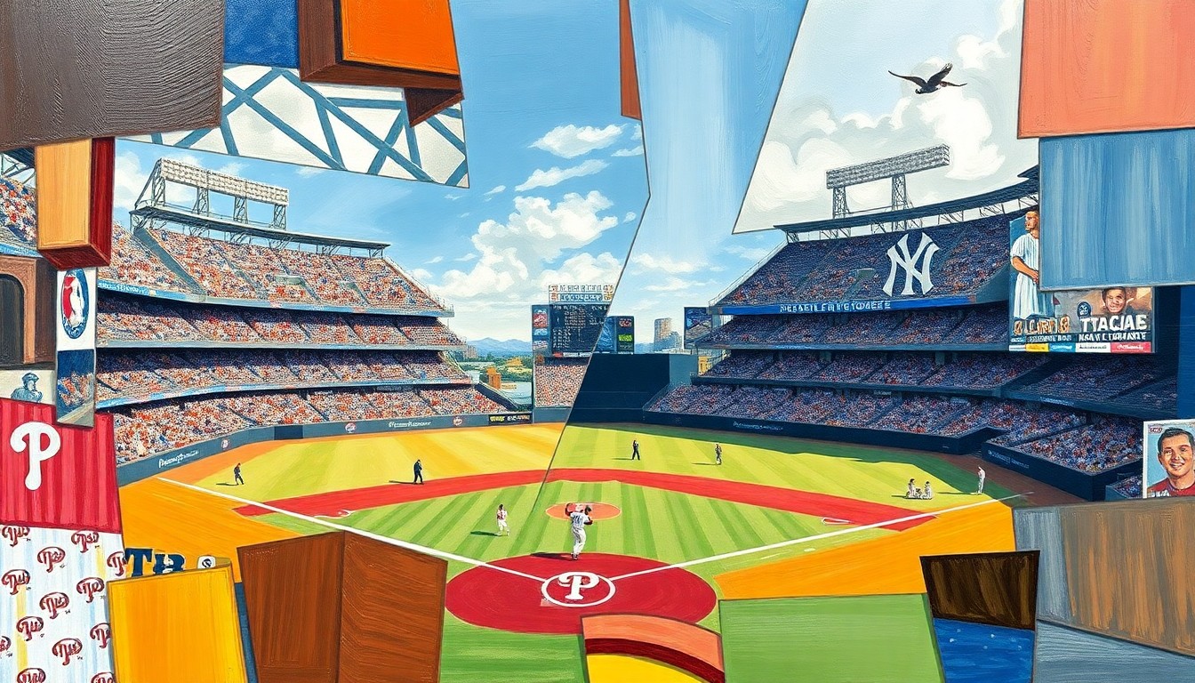 A cubist, geometric painting depicting a baseball game or match between the Philadelphia Phillies and New York Yankees, with the players and field broken down into sharp, overlapping shapes and planes of color, capturing the intensity and movement of the game.