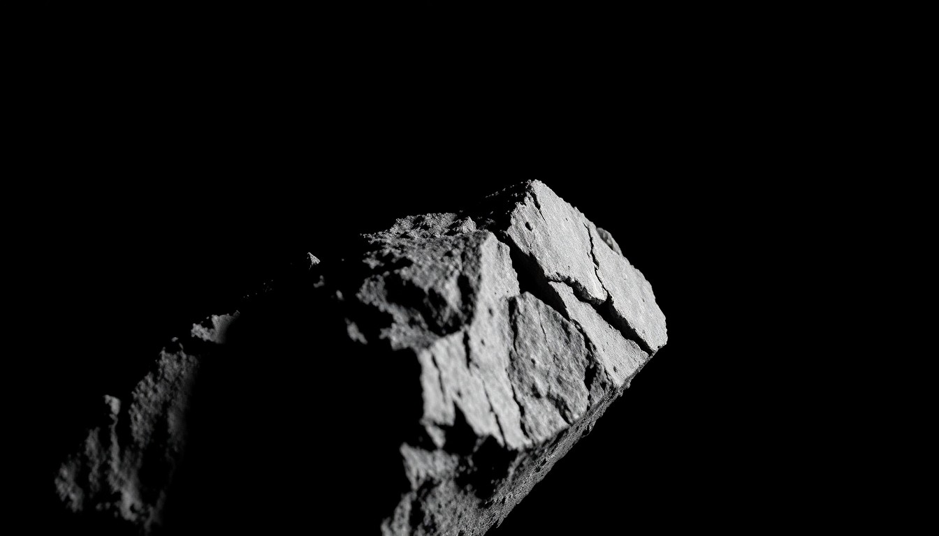 An extreme close-up of a jagged, broken rock fragment against a pitch-black background, conceptually representing the alleged violence in this domestic abuse case.