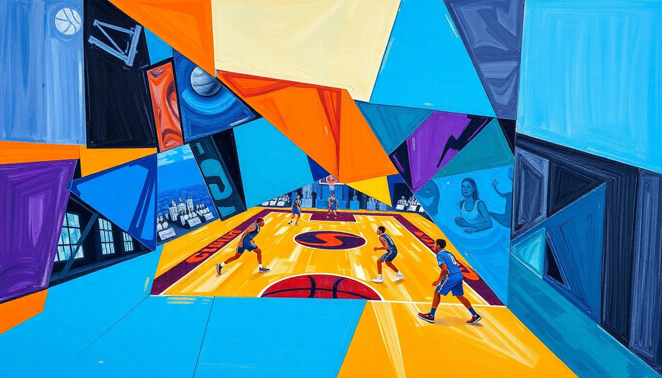 A cubist, geometric painting depicting fragmented, overlapping shapes and planes of color representing the dynamic action and movement of a WNBA basketball game, conceptually illustrating the blend of proven college talent and international prospects in the 2026 draft class.