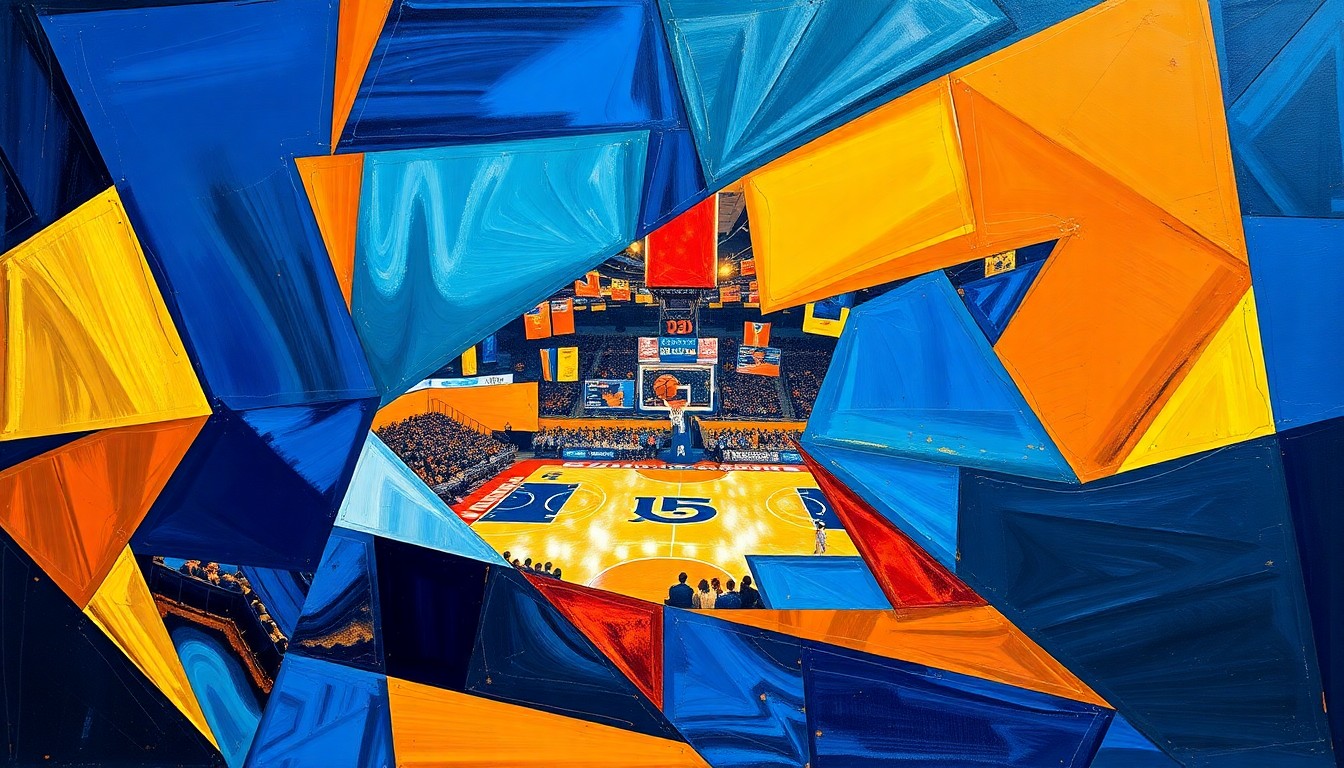 A fragmented, geometric painting in vibrant blues, oranges, and golds depicts the dynamic movements and competitive spirit of a college basketball game, conveying the conceptual idea of a program on the cusp of a major transformation.