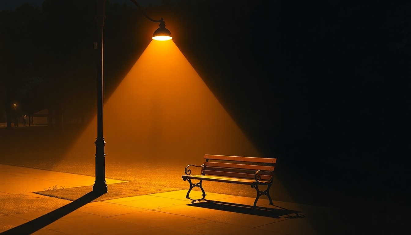 A serene, cinematic painting of a park bench under a streetlight, with warm light and deep shadows creating a contemplative mood around the empty seat.