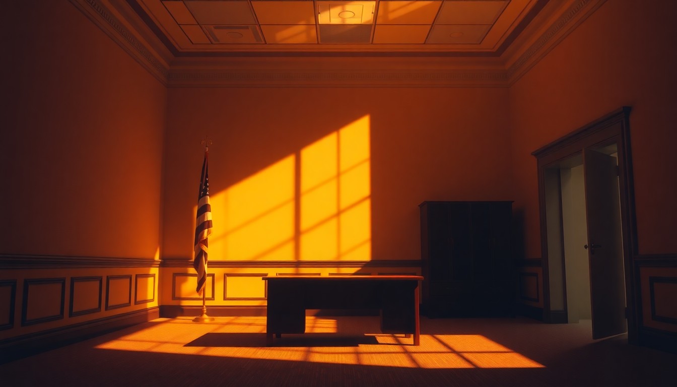 A quiet, cinematic painting of an empty government office space with warm, diagonal sunlight and deep shadows, conceptually representing the political uncertainty surrounding the 25th Amendment.