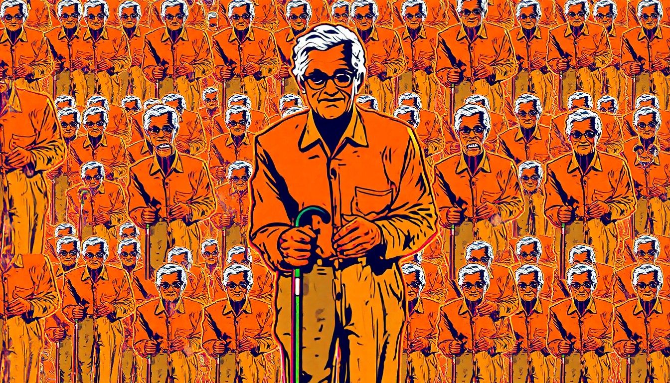 A vibrant, high-contrast silkscreen print of a senior's hand holding a walking cane, repeated in a grid pattern with bold, neon-like colors and heavy black outlines, conceptually representing Oasis Senior Advisors' approach to making senior care decisions more accessible and empowering for families.