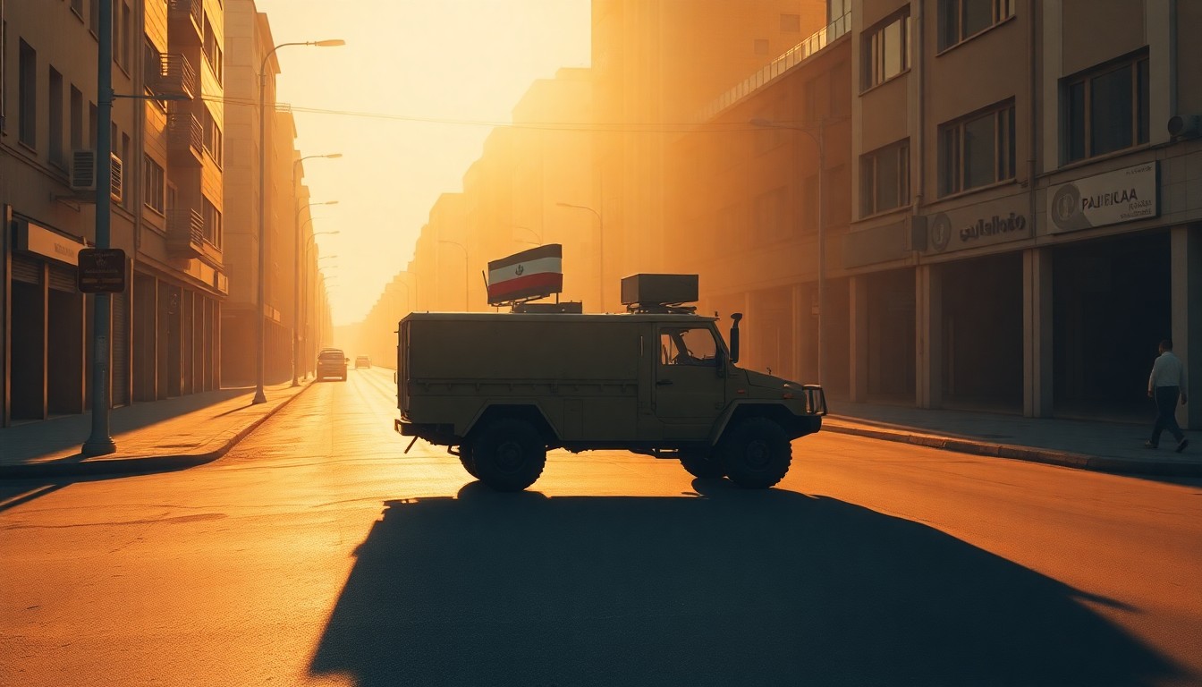 A solitary Iranian military vehicle sits alone on a deserted city street, the warm sunlight and deep shadows creating a sense of quiet contemplation and the fragility of peace.