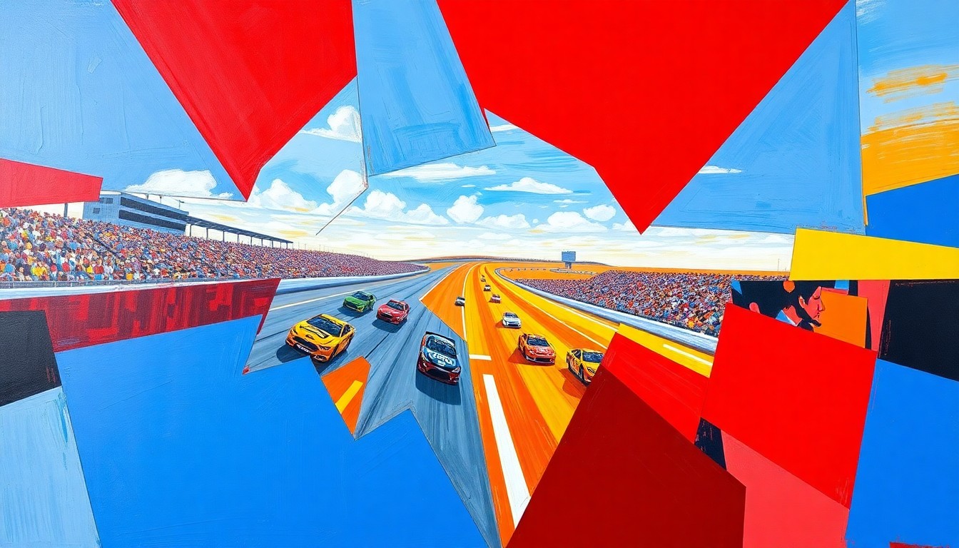 A cubist, geometric painting depicting a NASCAR race at Talladega Superspeedway, with sharp, overlapping planes of color representing the speed and energy of the sport.