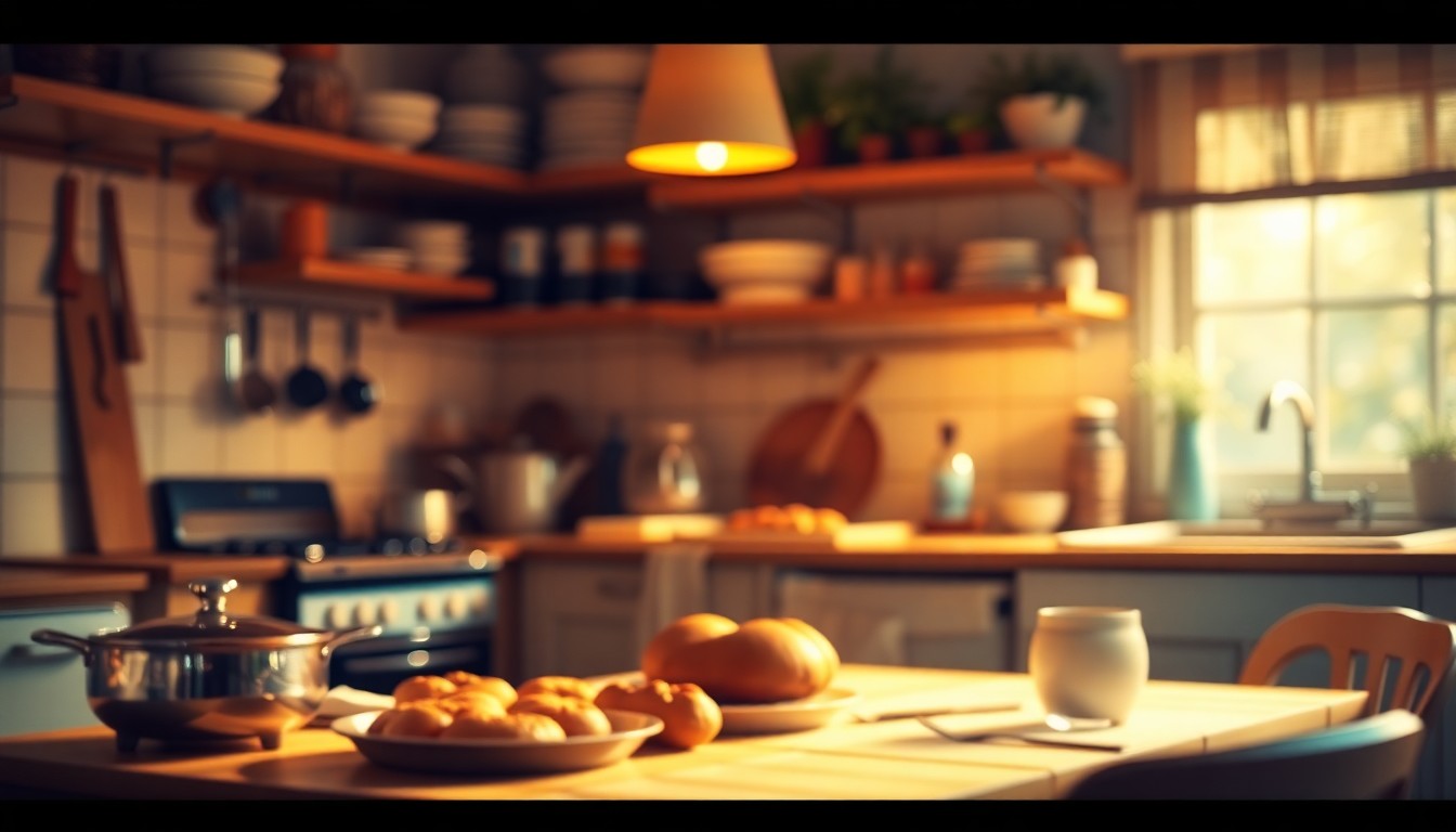 An extremely abstracted, out-of-focus photograph of a cozy kitchen scene, with warm pools of soft light and color reflecting off cooking utensils, baked goods, and a welcoming table setting, conceptually representing the warmth and hospitality that defined Muffy Gustafson's life.
