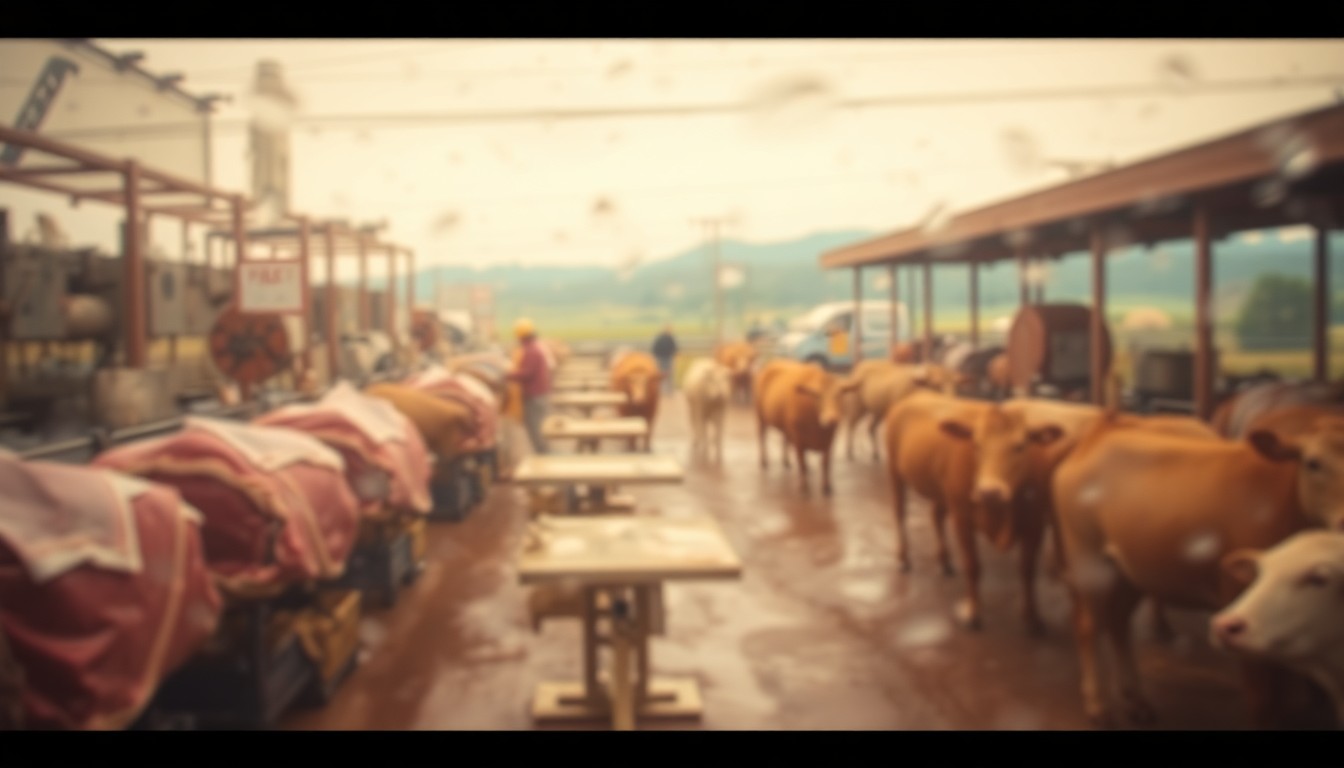 An abstract, impressionistic scene of blurred meat processing equipment, livestock, and agricultural landscapes in warm, hazy tones, conveying the concept of a state-of-the-art facility supporting the local food economy.