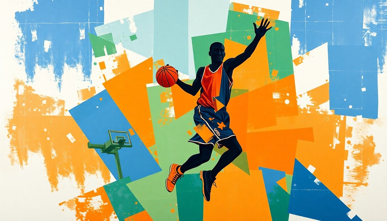 A fragmented, geometric painting depicting the silhouette of a basketball player in motion, with sharp, overlapping planes of color representing the dynamic nature of the player's commitment to a new college team.