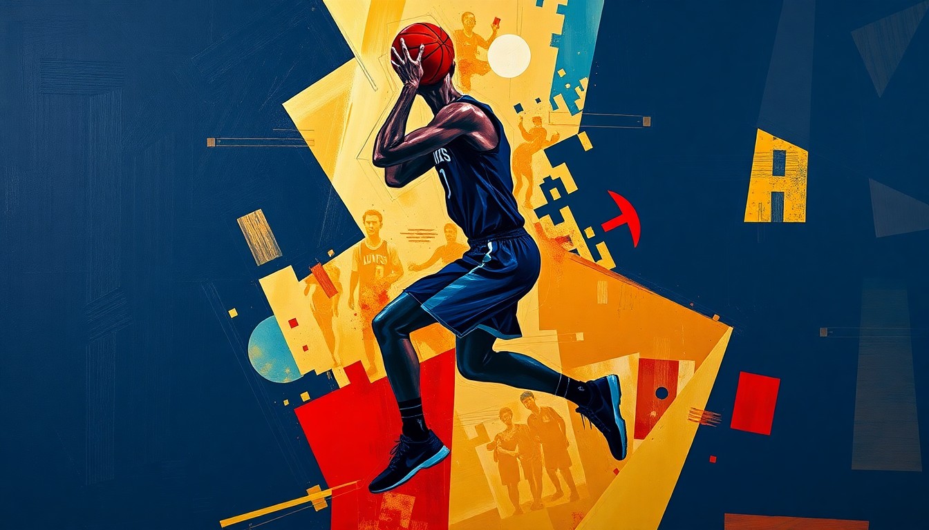 A fractured, geometric painting depicting the silhouette of a basketball player in motion, broken down into sharp, overlapping planes of navy blue, gold, and crimson red.
