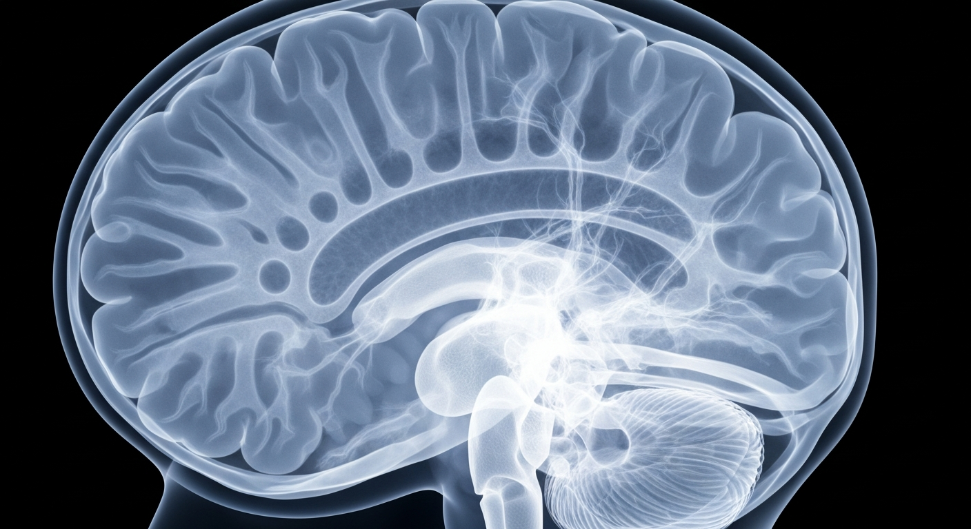 A ghostly, translucent X-ray-style image showing the internal structures of the human brain, with glowing neural pathways and synaptic activity, representing the neurological effects of Parkinson's disease.