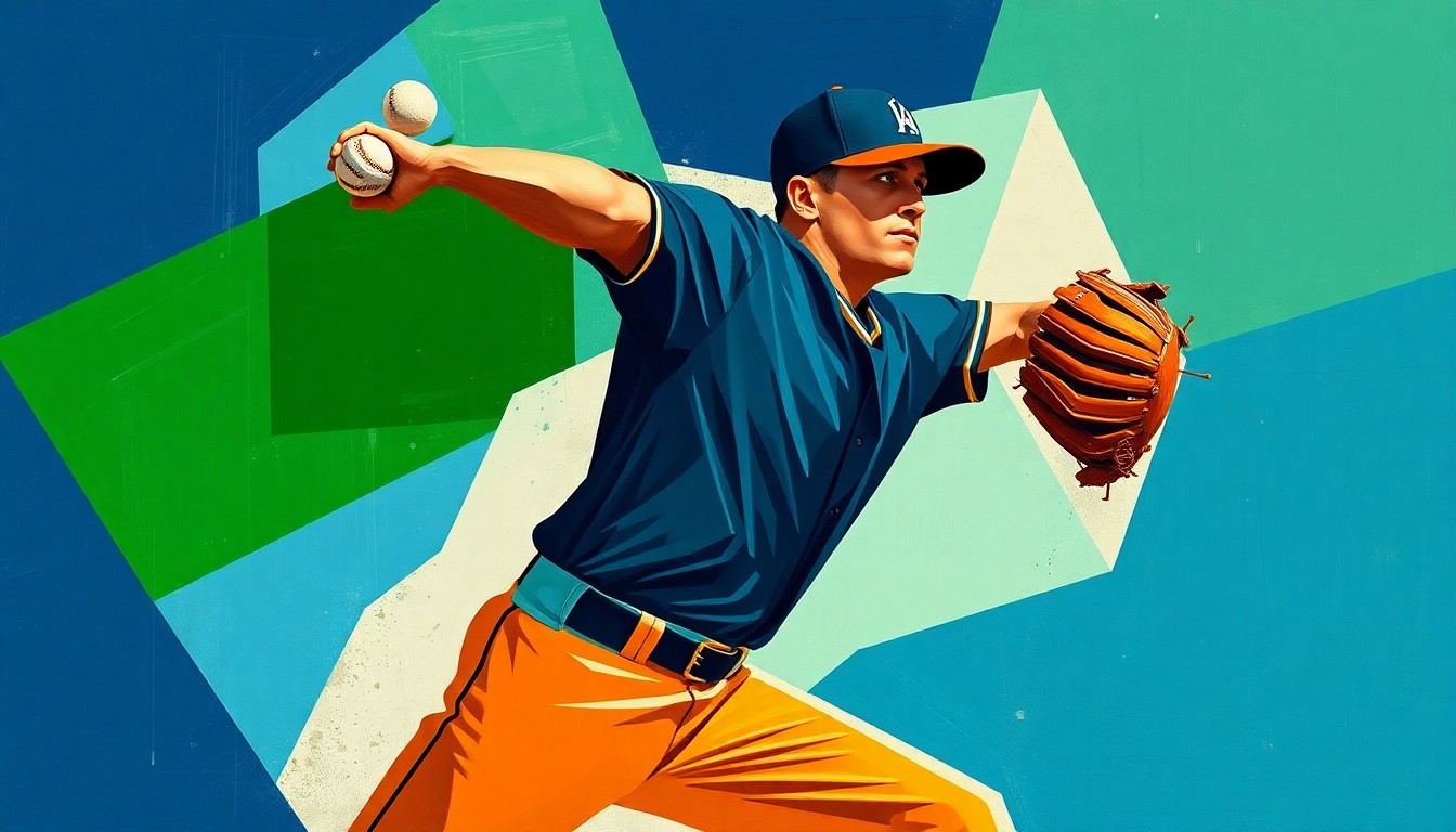 A cubist-style painting depicting a baseball pitcher's throwing motion broken down into fragmented geometric shapes and planes in shades of navy, green, and orange, conveying the dynamic energy and intensity of the game.