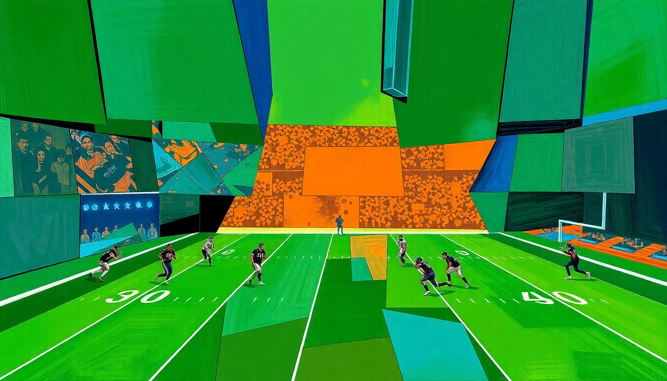 A cubist, geometric painting depicting a fragmented football scene, with sharp, overlapping shapes in vibrant colors representing the complex dynamics surrounding the Eagles' potential draft decisions and their impact on A.J. Brown's future.