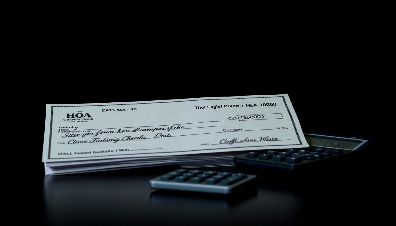An extreme close-up photograph of a stack of forged checks and a calculator against a dark background, conceptually illustrating the financial fraud at the heart of this story.