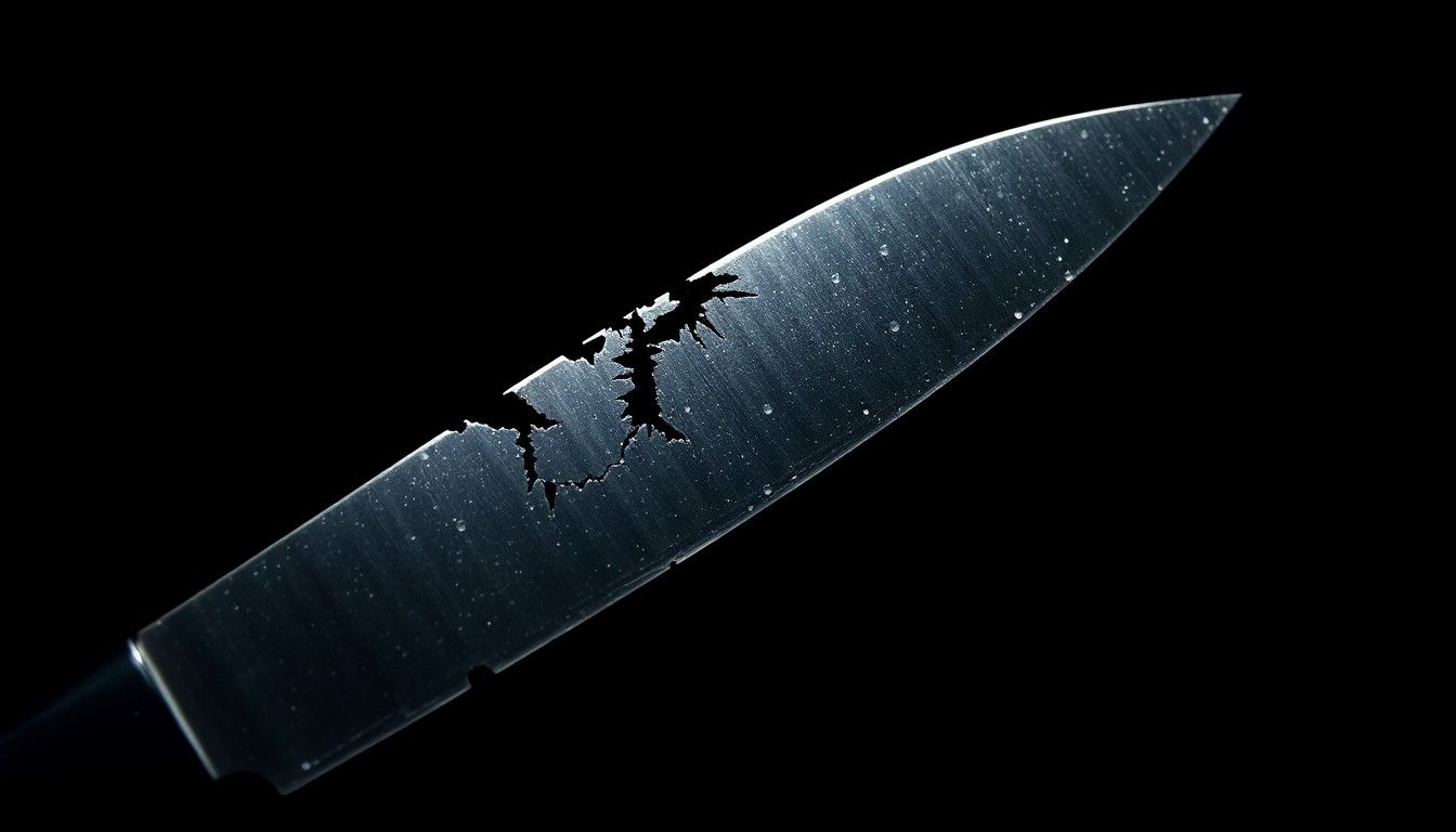 An extreme close-up of a shattered knife blade reflecting a bright flash of light, conceptually illustrating the violence of a brutal stabbing attack.