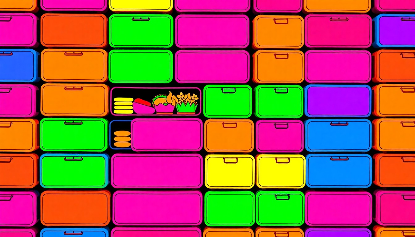 A bold, colorful silkscreen print featuring a grid of stylized lunch boxes in bright neon hues, conceptually representing the Kaukau 4 Keiki summer food program's efforts to provide nutritious meals to children.