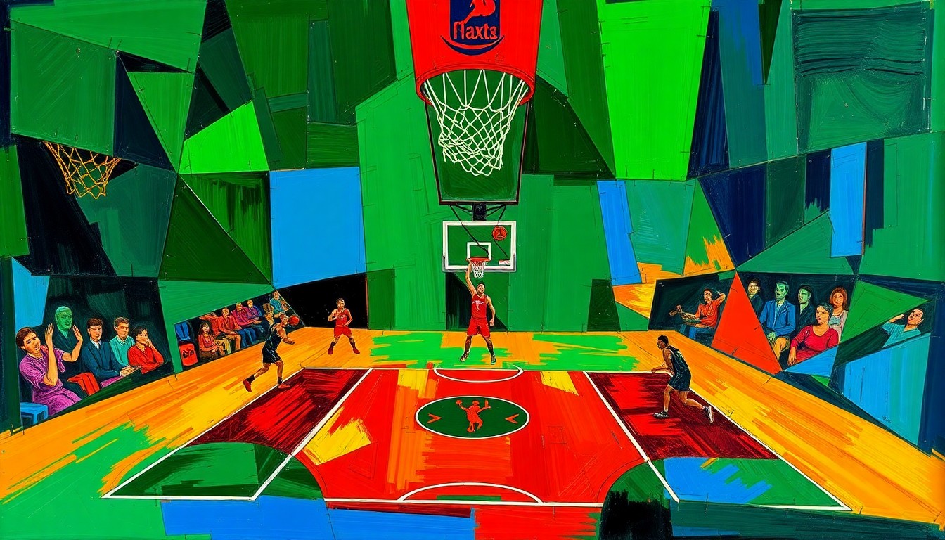 A fractured, cubist-style painting depicting the energy and movement of a basketball game, with sharp geometric shapes in vibrant colors representing the players and action on the court.