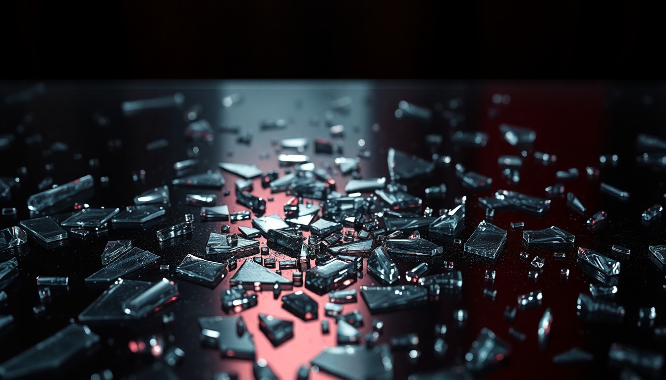 An extreme close-up photograph of a shattered glass surface, with the shards reflecting a dim, moody red light, conceptually representing the visceral violence and moral ambiguity at the heart of the Daredevil story.