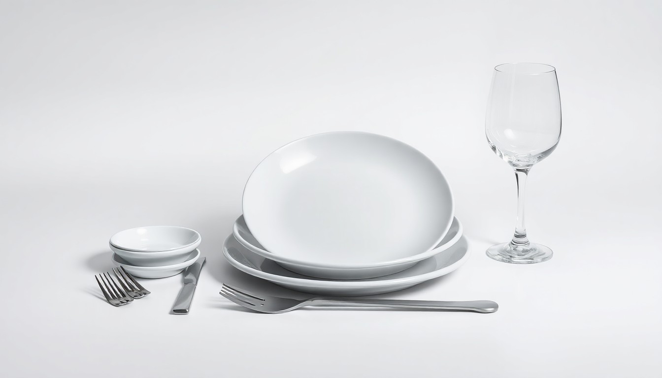 A high-end studio still life photograph featuring an elegant arrangement of premium restaurant tableware items like plates, silverware, and a wine glass, all placed on a clean, monochromatic background and using dramatic lighting to convey the abstract challenges facing the restaurant industry.