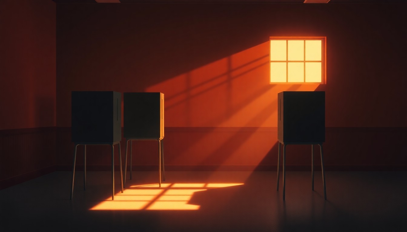 A serene, photorealistic painting of an empty voting booth in a dimly lit room, with warm sunlight streaming in through a window and casting deep shadows across the scene, conveying a sense of quiet contemplation about the importance of electoral integrity.