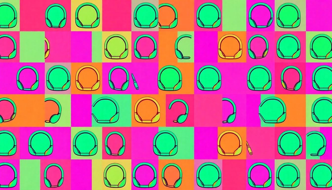 A brightly colored, high-contrast silkscreen print of a peer navigation symbol, such as a headset or clipboard, repeated in a tight grid pattern in vibrant neon colors with heavy black outlines, conceptually representing the city's new peer navigation program.