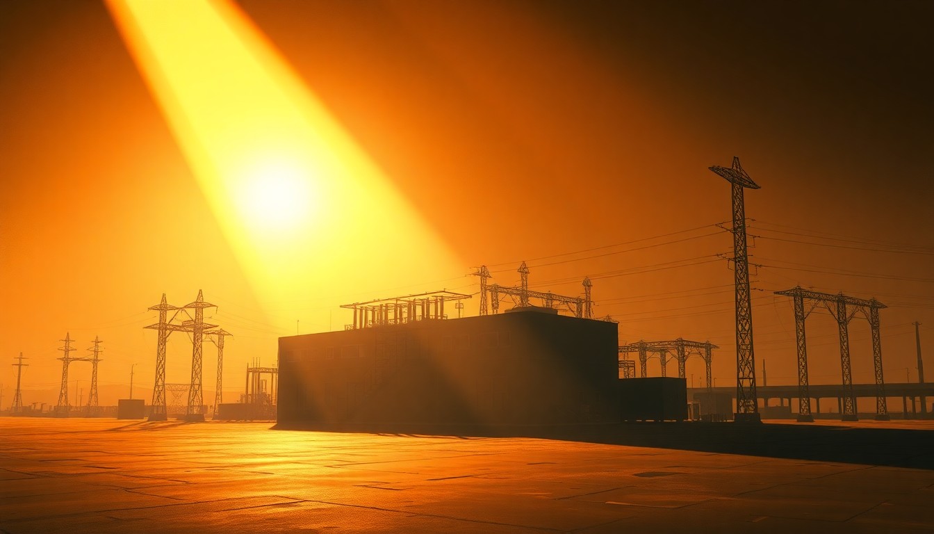A photorealistic painting of an electrical substation or power plant in warm, golden sunlight, with deep shadows across the structure, conveying a sense of fragility and vulnerability.