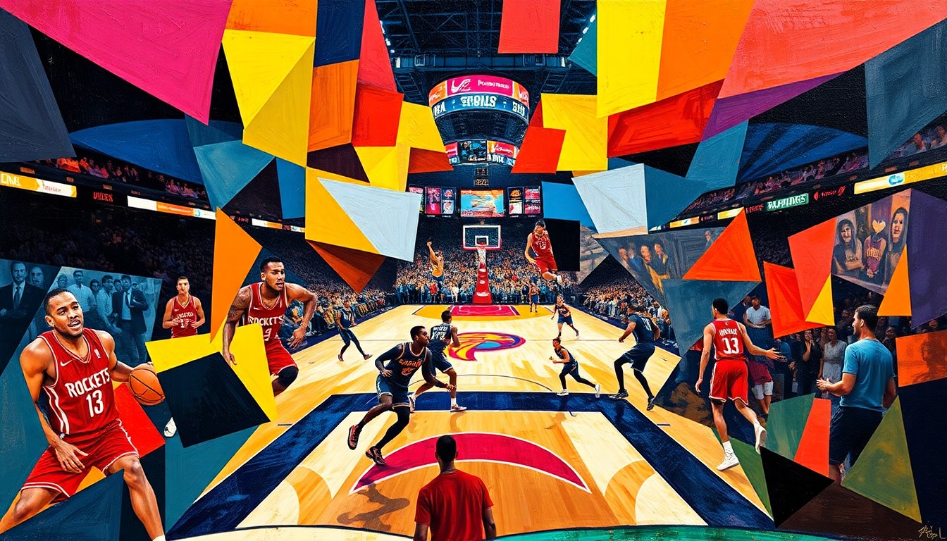 A fractured, multi-perspective painting in the style of Pablo Picasso, breaking a basketball game down into sharp, overlapping geometric planes of color and form.