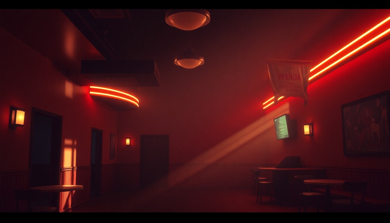 A moody, cinematic painting of an empty, dimly lit adult entertainment venue interior, with warm, diagonal sunlight casting deep shadows across the space, capturing the contemplative mood of the city's policy debate.