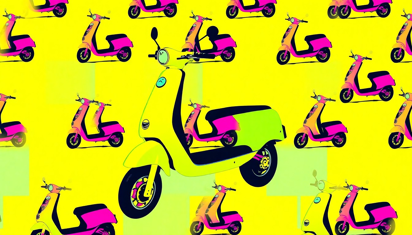 A bold, colorful silkscreen-style illustration featuring a single electric scooter icon repeated in a grid pattern, conceptually representing the new rules governing these devices in Peoria, Arizona.