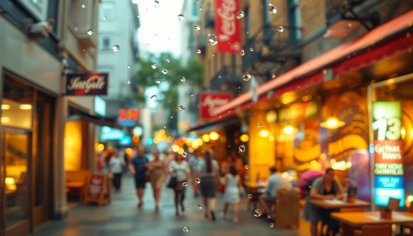 An abstract, out-of-focus photograph depicting a lively downtown street scene with people shopping, dining, and playing outdoor games, all rendered in soft, warm pools of color and light.