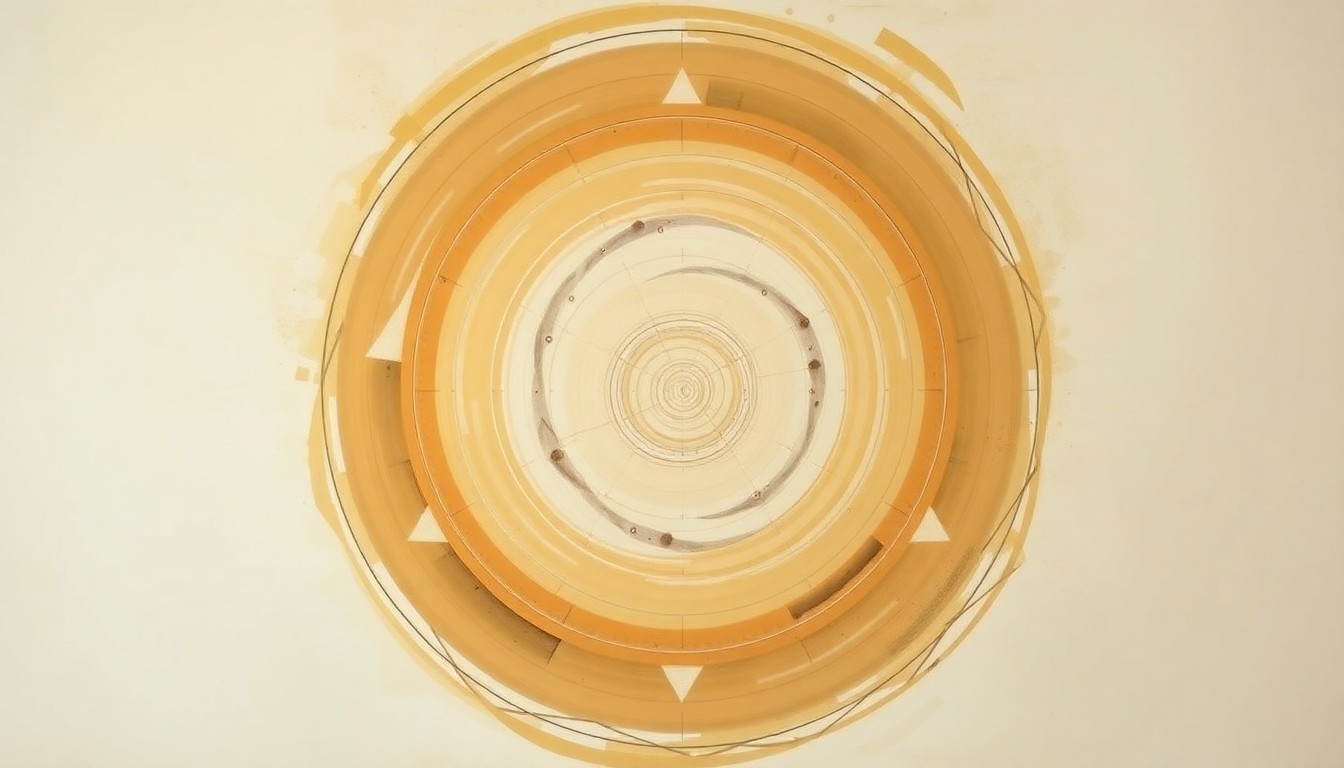 A highly structured abstract painting in soft, earthy tones featuring sweeping geometric arcs, concentric planetary circles, and precise botanical spirals, conceptually representing the complex forces and concepts behind the Artemis II mission.