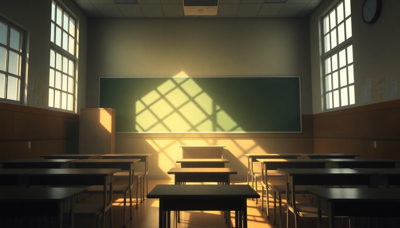 A serene, cinematic painting of an empty classroom bathed in warm, diagonal sunlight and deep shadows, conveying a sense of contemplation and gravity around the debate over religion in public education.
