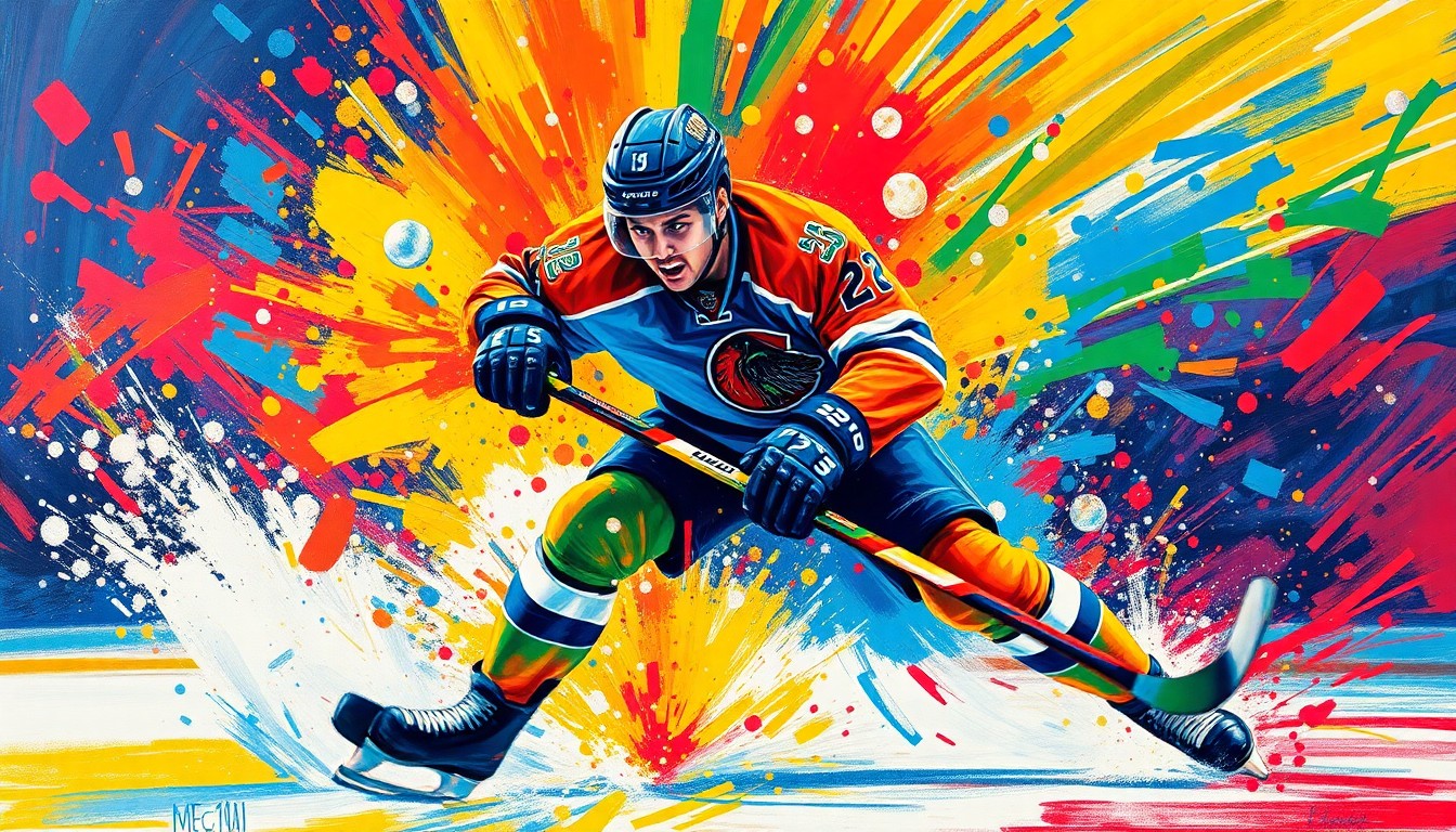 A vibrant, expressionist painting in neon colors capturing the raw energy and movement of a hockey player scoring a goal, with the player's details dissolving into unrecognizable splatters of color.