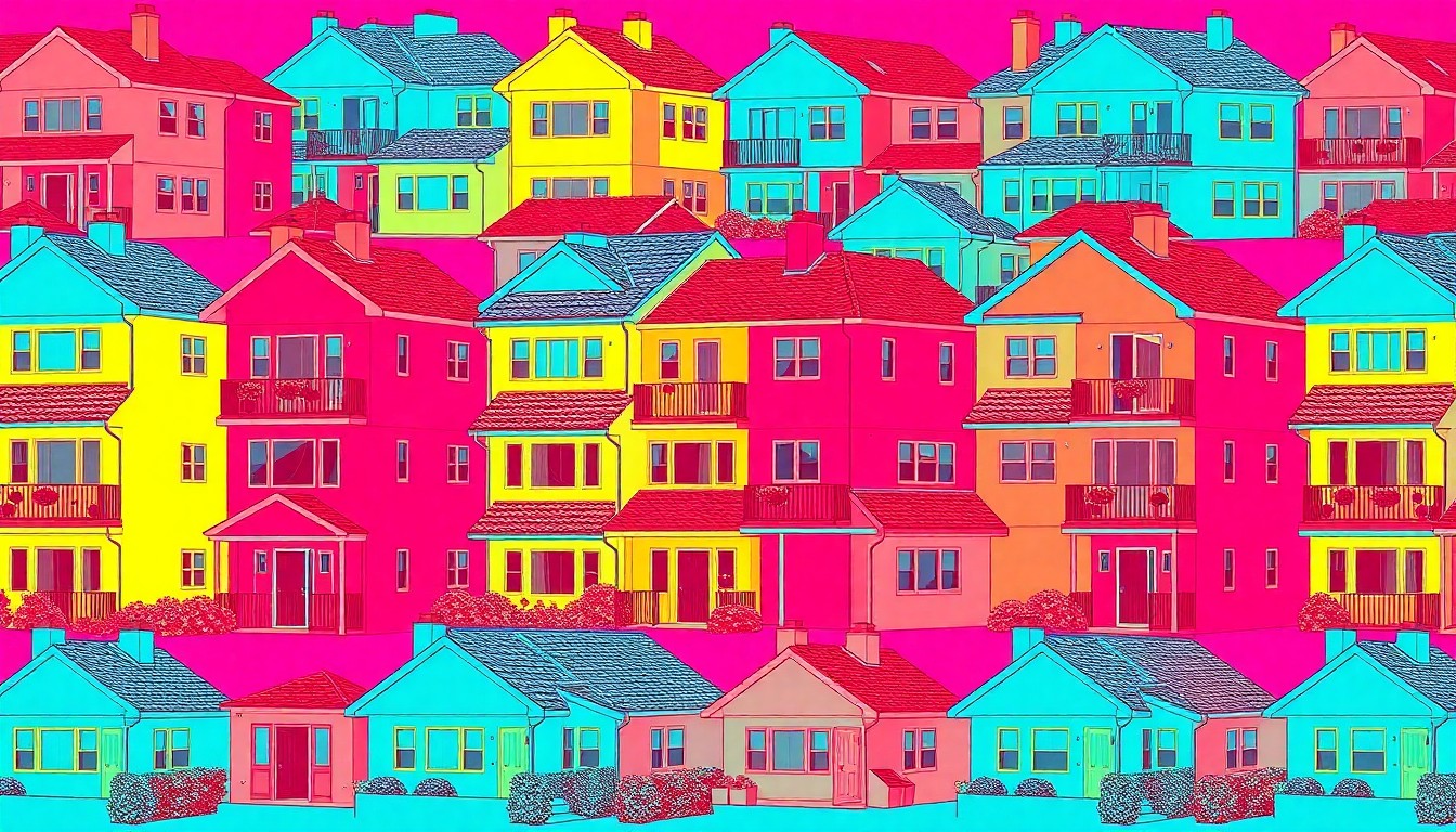 A brightly colored, high-contrast silkscreen print of a single, iconic residential building repeated in a tight grid pattern, utilizing flat, vibrant neon color palettes and heavy black outlines to transform an everyday housing concept into modern pop art.