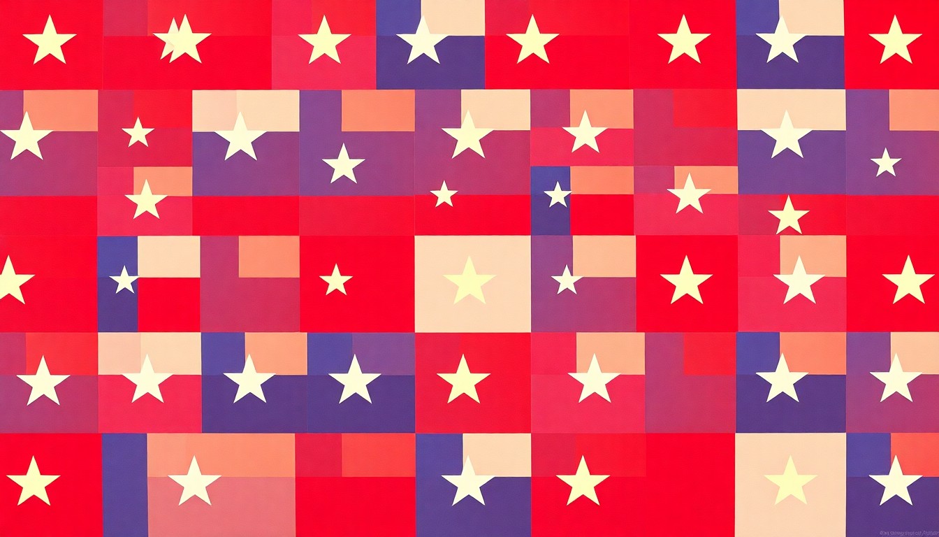 A bold, colorful silkscreen print featuring the Texas state flag repeated in a grid pattern, conceptually representing the state's increasing recognition as a desirable place to live.