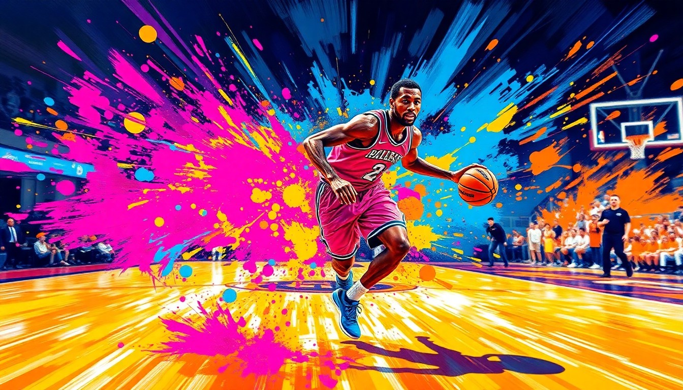 An abstract, expressionist painting in vibrant neon colors capturing the dynamic movement and energy of a basketball player, their form dissolving into bold brushstrokes.