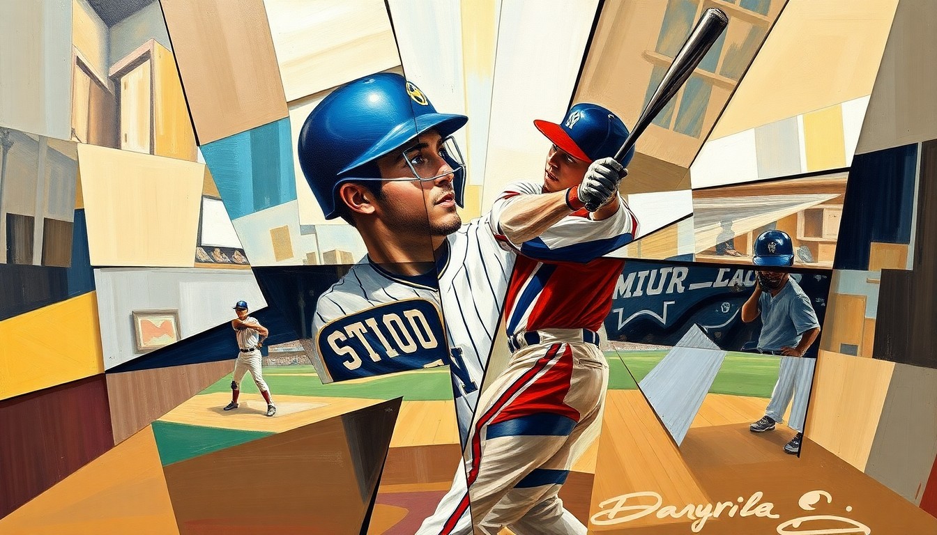 A fragmented, geometric painting depicting a high school baseball player's record-setting hit, with sharp, overlapping planes of color and form representing the dynamic action of the game.