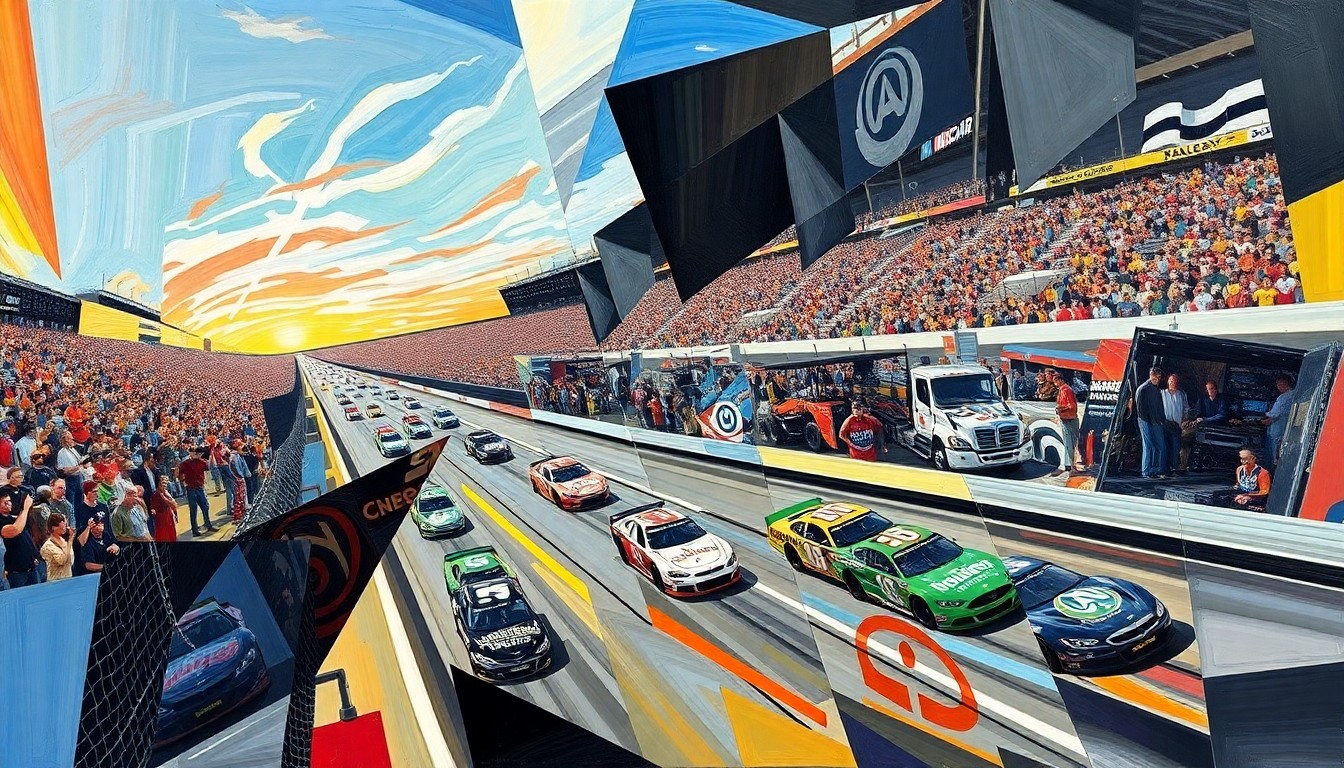 A cubist, geometric illustration depicting a NASCAR stock car race at Talladega Superspeedway, with the car and track broken down into sharp, overlapping planes of color and form.