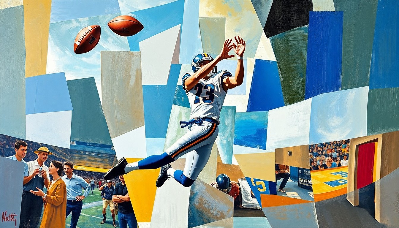 A cubist-style painting depicting a tight end catching a football pass, with the player's body broken down into sharp, overlapping geometric shapes and planes in a fractured, multi-perspective composition.