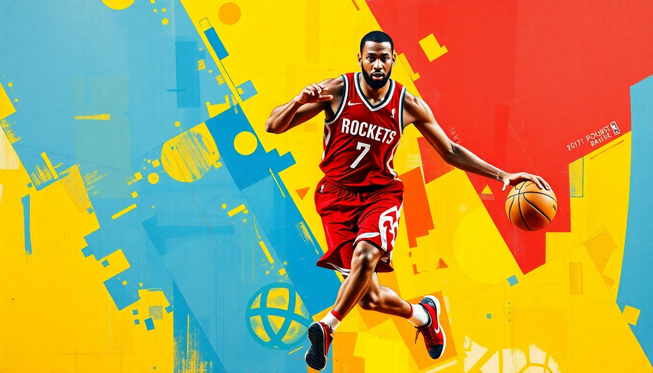 A cubist, geometric painting depicting a basketball player's movements broken down into sharp, overlapping planes of bright red, yellow, and blue colors.