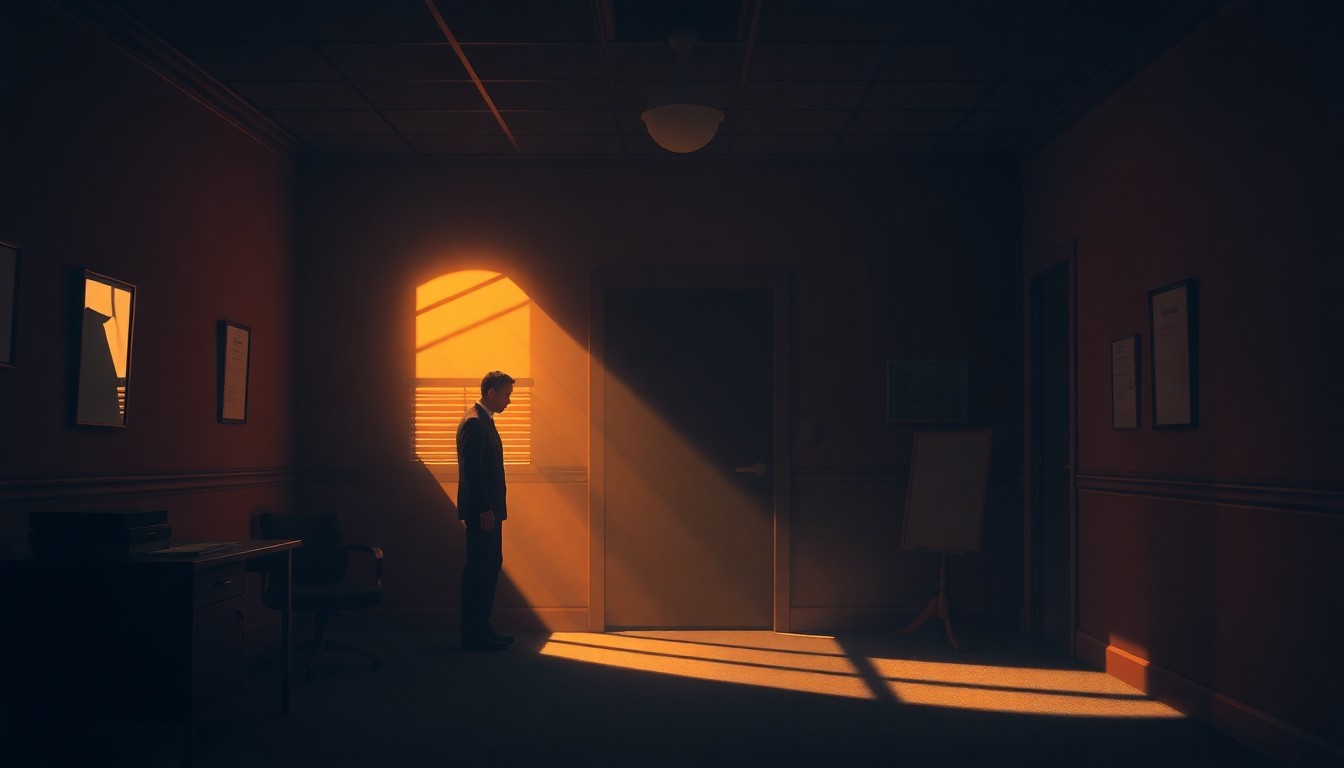 A dimly lit government office with a solitary figure sitting at a desk, the scene bathed in warm, diagonal sunlight and deep shadows, conveying a sense of quiet contemplation and the weight of political power.