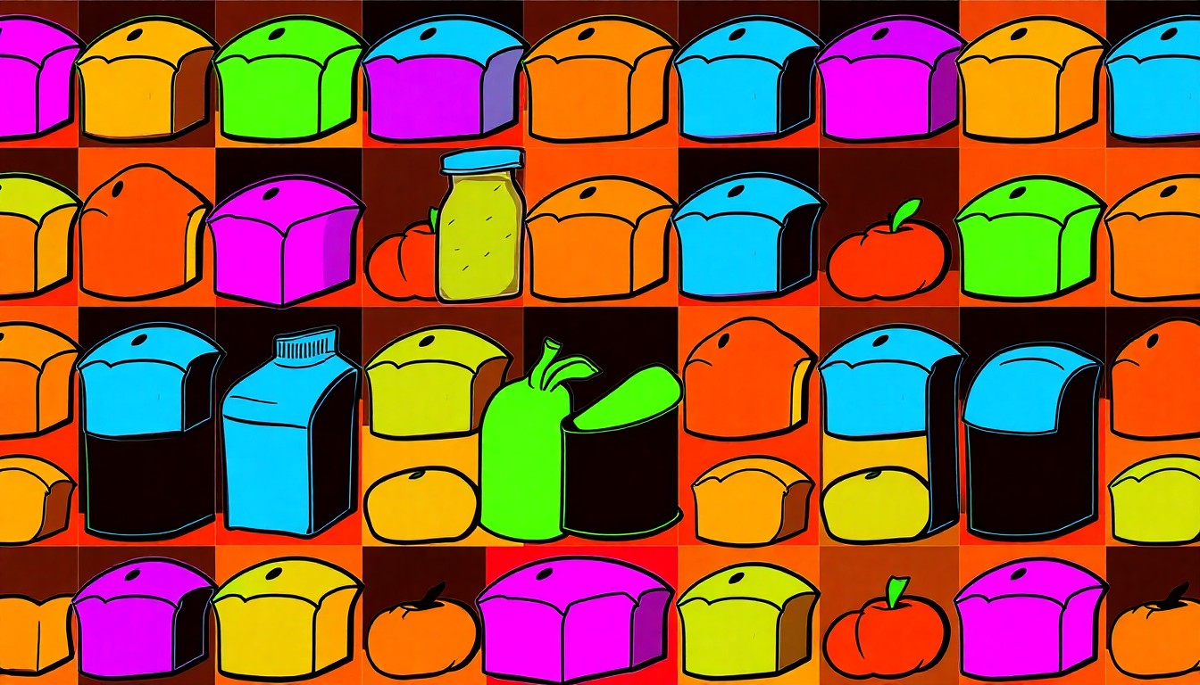 A brightly colored, high-contrast silkscreen print of a single, iconic food item repeated in a tight grid pattern, conceptually representing the collective work to strengthen food access across the state.