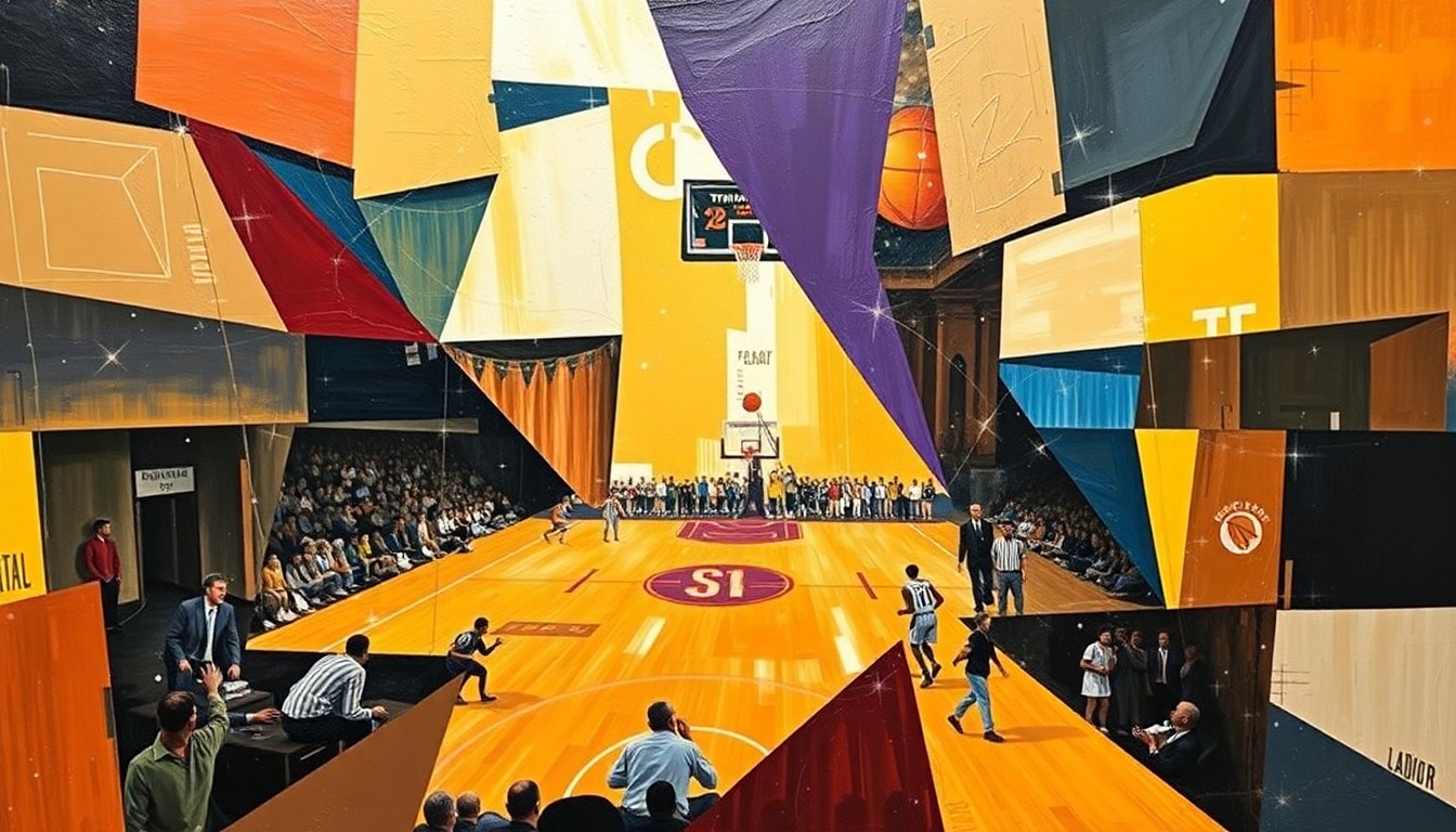 A cubist, geometric painting depicting a basketball game between the Oklahoma City Thunder and Los Angeles Lakers, with the players and court broken down into sharp, overlapping shapes and planes.