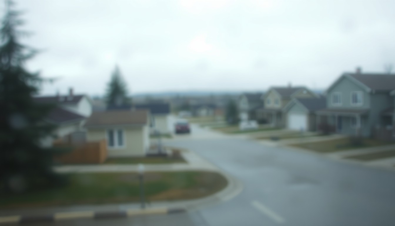 An abstract, hazy scene of a residential neighborhood in Fairbanks, with blurred shapes and muted colors suggesting homes, trees, and other elements of the urban landscape.
