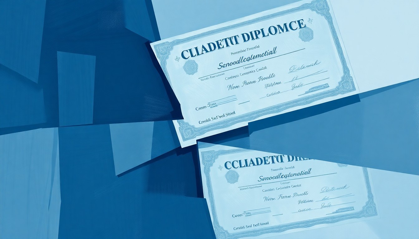 A fractured, abstract painting in shades of blue and grey depicting overlapping, repeated images of a school diploma certificate, symbolizing the fraudulent practices uncovered at the California school district.