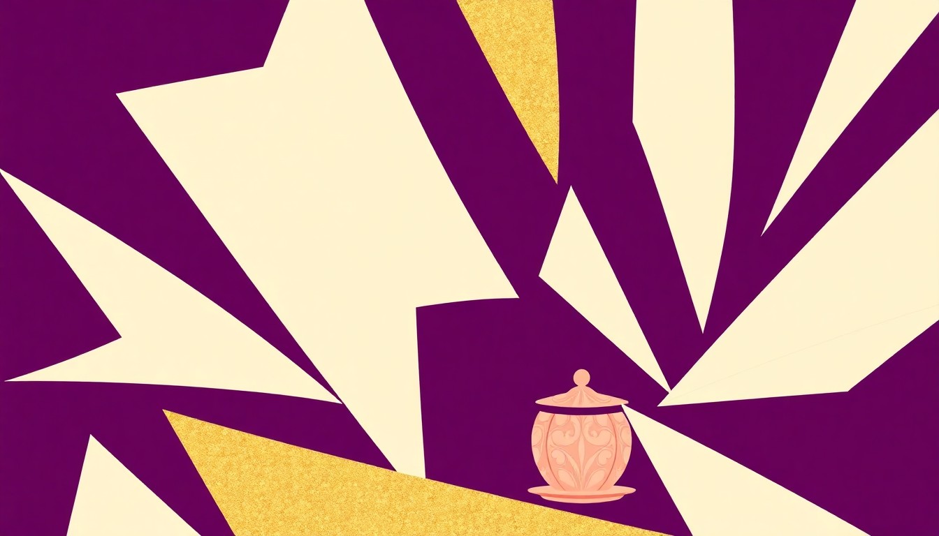 A bold, abstract composition of jagged, geometric shapes in deep purple, gold, and white, conceptually representing the refined elegance and playful scandal of a Bridgerton-themed high tea event.